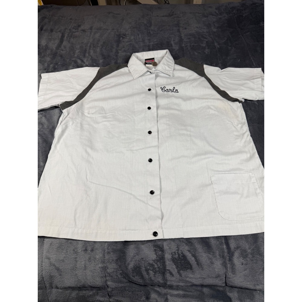 Vintage Hilton Active Apparel Bowling Shirt White Grey Carla Embroidered Mens 44